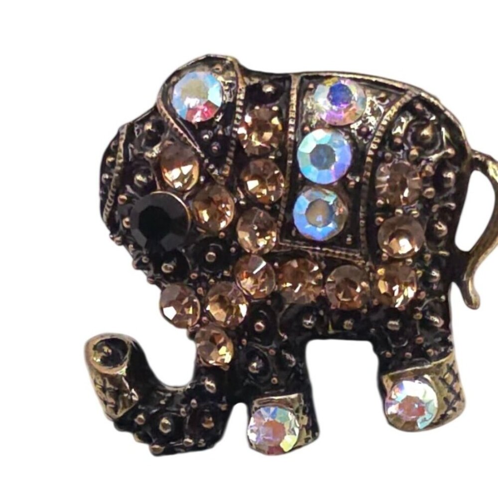 Vintage Rhinestone Elephant Adjustable Ring Antique Gold Tone Animal Jewelry